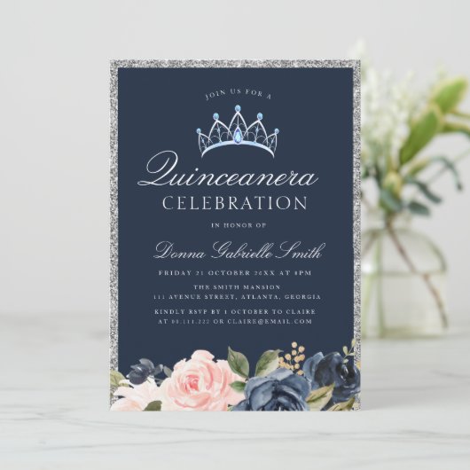 Floral Navy und Silber quinceanera Einladung (Stehend Vorderseite)