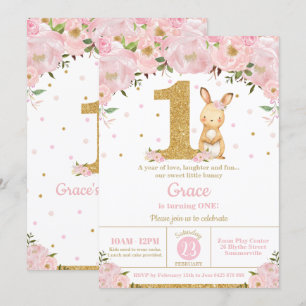 Floral Niedlich Bunny Rabbit Girl 1. Geburtstag Pa Einladung