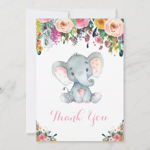 Floral Niedlich Elephant Baby Girl Pink und Grau Dankeskarte
