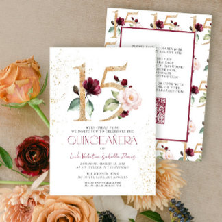 Floral Number 15 Burgundy Gold QR Quinceañera Einladung