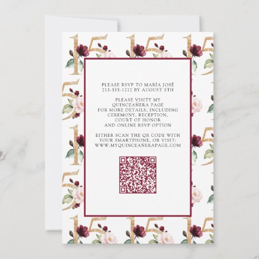 Floral Number 15 Burgundy Gold QR Quinceañera Einladung (Rückseite)