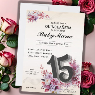Floral Number 15 Rose Tones Quinceanera Invitation Einladung