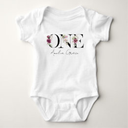Floral ONE Baby Girl's 1. Geburtstag + Name Outfit Strampler