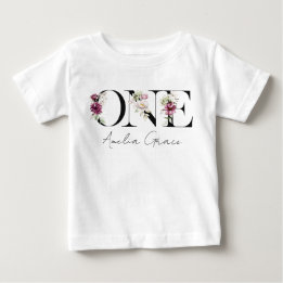 Floral ONE Baby Girl's 1. Geburtstag + Name Outfit T-shirt
