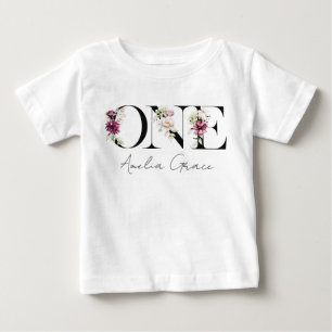 Floral ONE Baby Girl's 1. Geburtstag + Name Outfit T-shirt