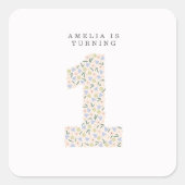 Floral One First Birthday Invite Square Sticker (Vorderseite)