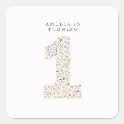 Floral One First Birthday Invite Square Sticker (Vorderseite)
