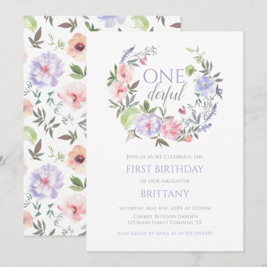 Floral Onederful First birthday Invitation Einladung (Vorne/Hinten)