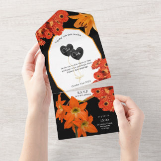 Floral Orange and Black Wedding All In One Einladung