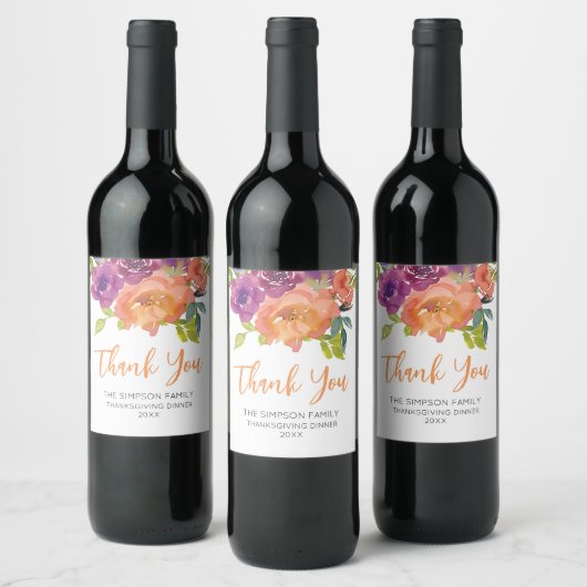 Floral Orange and PurpleThank You Wine Label  Weinetikett (Flaschen)
