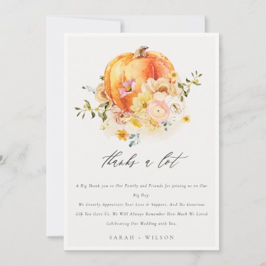 Floral Orange Autumn Pumpkin Floral Wedding Dankeskarte (Vorderseite)