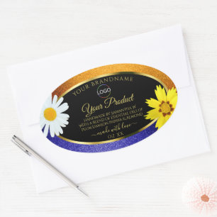 Floral Orange Blue Black Product Labels mit Logo Ovaler Aufkleber