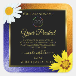 Floral Orange Blue Black Product Labels mit Logo Quadratischer Aufkleber