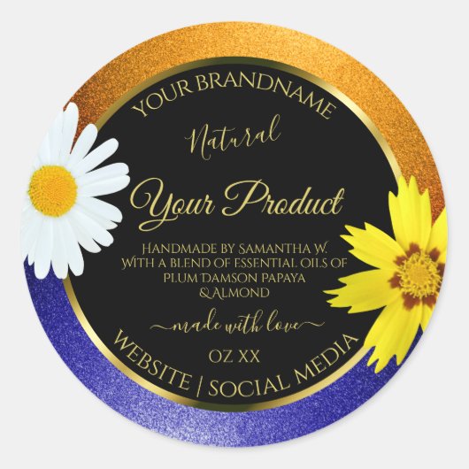 Floral Orange Blue Glitzer Black Product Labels Runder Aufkleber (Vorderseite)