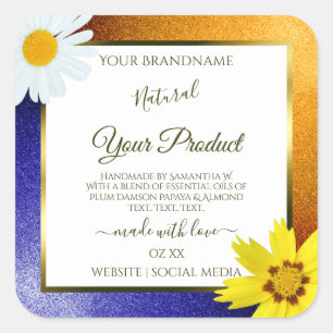 Floral Orange Blue Glitzer White Product Labels Quadratischer Aufkleber