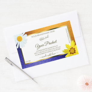 Floral Orange Blue Glitzer White Product Labels Rechteckiger Aufkleber