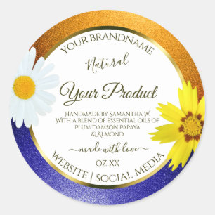 Floral Orange Blue Glitzer White Product Labels Runder Aufkleber