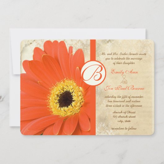 Floral Orange Coral Gerber Daisy Lace Wedding Einladung (Vorderseite)