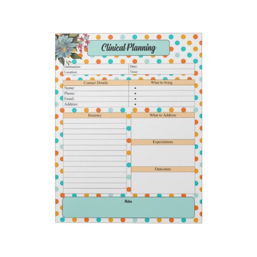 Floral Orange n Blue Polka Dot _ Klinische Planung Notizblock (Rotiert)