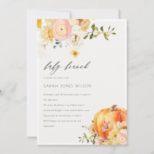 Floral Orange Pumpkin Baby Brunch Dusche laden Dankeskarte (Vorderseite)