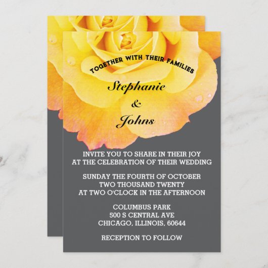 Floral Orange Yellow Gray Cool Boho Wedding Einladung (Vorne/Hinten)