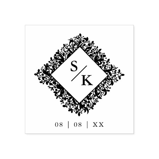 Floral Ornate Frame Diamond Shape Wedding Initials Gummistempel (Prägung)