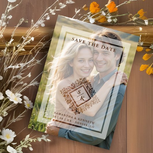 Floral Ornate Frame Diamond Shape Wedding Initials Magneteinladung