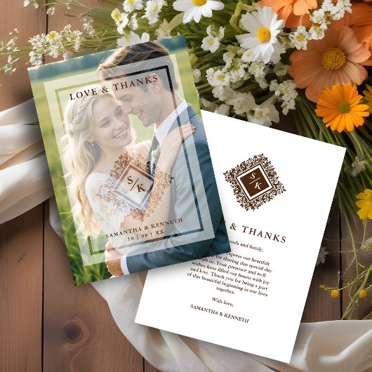 Floral Ornate Frame in Diamond Shape with Initials Dankeskarte