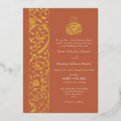 Floral Ornate Orange and Gold Islamic Wedding Folieneinladung (Vorderseite)
