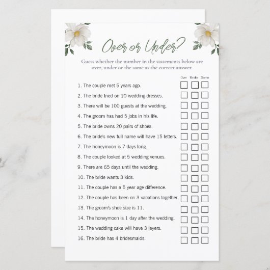 Floral "Over and Under" Bridal Shower Game (Vorne/Hinten)