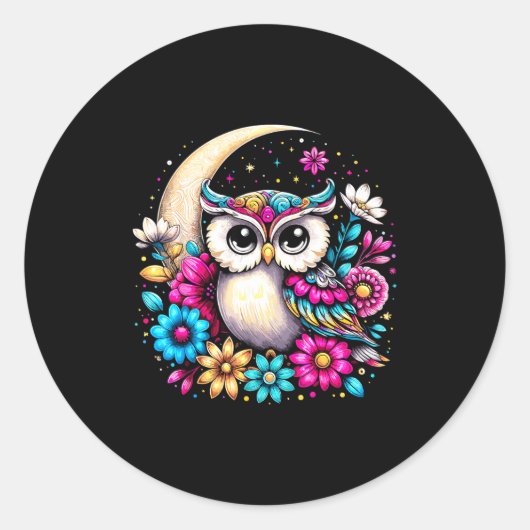 Floral Owl And Moon Runder Aufkleber (Vorderseite)