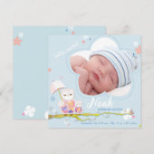 Floral Owls Blue Baby Boy Foto Birth Ankündigung (Vorne/Hinten)