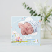 Floral Owls Blue Baby Boy Foto Birth Ankündigung (Stehend Vorderseite)