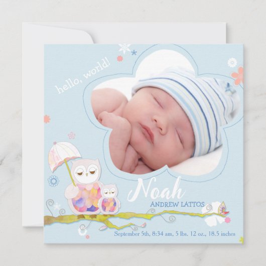 Floral Owls Blue Baby Boy Foto Birth Ankündigung (Vorderseite)