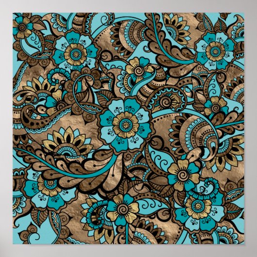 Floral Paisley Muster - aquamarin und goldgelb Poster (Vorne)