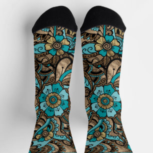 Floral Paisley Muster - aquamarin und goldgelb Socken