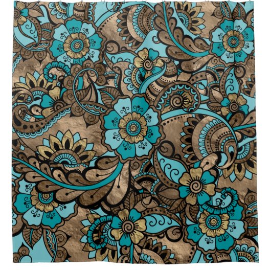 Floral Paisley Pattern - aquamarine und goldene Duschvorhang (Vorderseite)