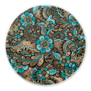 Floral Paisley Pattern - aquamarine und goldene Keramikknauf