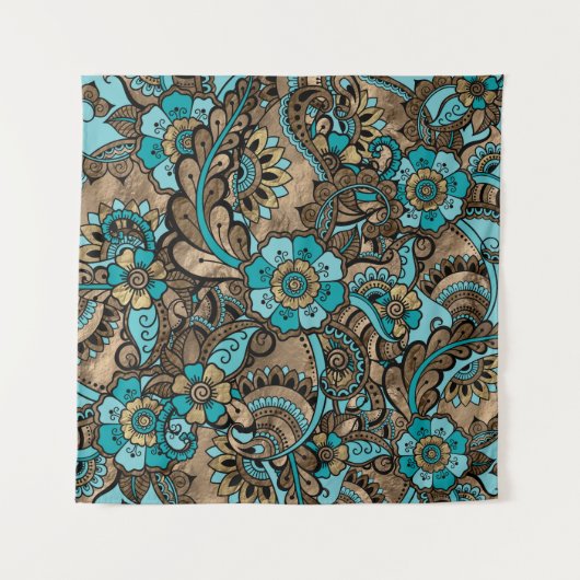 Floral Paisley Pattern - aquamarine und goldene Wandteppich (Vorderseite (Horizontal))