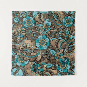 Floral Paisley Pattern - aquamarine und goldene Wandteppich