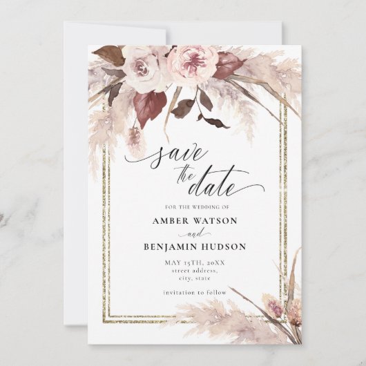 Floral Pampas Grass Boho Hochzeit retten das Datum Einladung (Vorderseite)
