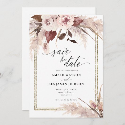 Floral Pampas Grass Boho Hochzeit retten das Datum Einladung (Vorne/Hinten)