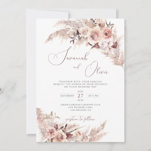 Floral Pampas Grass Boho Rust Earthy Wedding Einladung (Vorderseite)