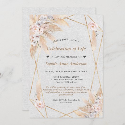 Floral Pampas Grass Feier zum Gedenken an das Lebe Einladung (Vorne/Hinten)