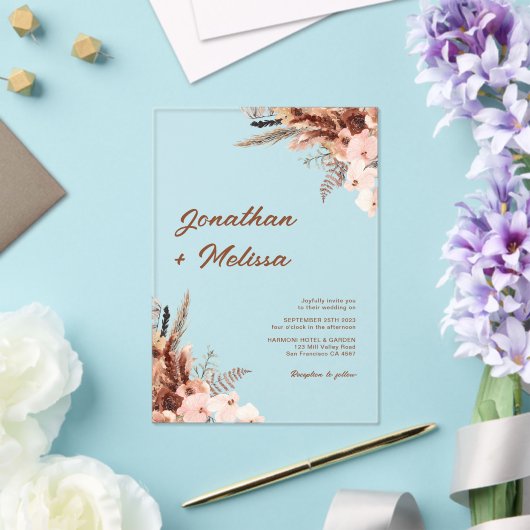 Floral Pampas Rustic Terracotta Script Wedding Acryleinladungen (In Situ (Hochzeit))