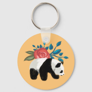 Floral Panda mit Rose auf Peach Schlüsselanhänger