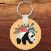 Floral Panda mit Rose auf Peach Schlüsselanhänger (Vorderseite)