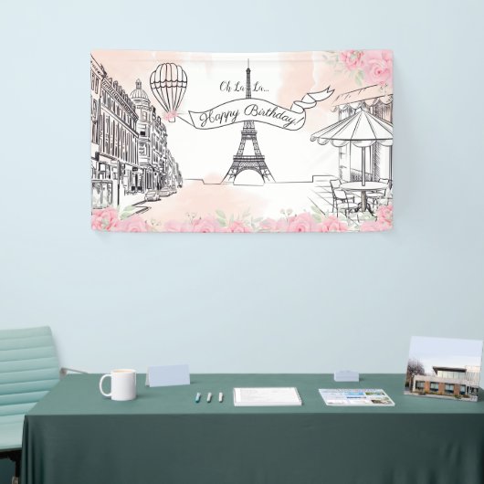 Floral Paris backdrop Happy Birthday banner (Messeveranstaltung)