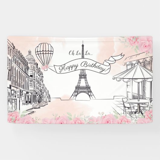 Floral Paris backdrop Happy Birthday banner (Horizontal)