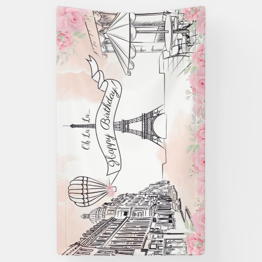 Floral Paris backdrop Happy Birthday banner (Vertikal)